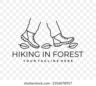 Feet in boots walking through forest, hiking and hike, linear graphic design. Camping, tourism, travel, traveling and journey, vector design and illustration