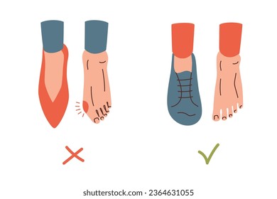 Fütterung mit Bündchen oder gesunden Füßen, Infografik mit barfuß Schuhen, hochhitzige schmale Schuhe Gesundheitsrisiken, Halux-Valgus vor und nach, Vektoranordnung mit Beinen, Broschüre und Banner-Vorlage