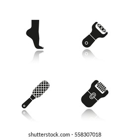 Feet care drop shadow black icons set. Woman's foot, file, rasp, epilator. Isolated vector illustrations