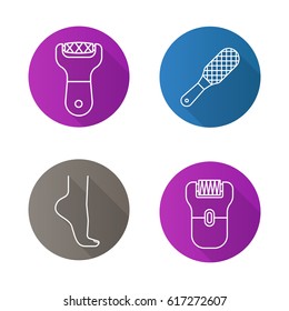 Feet care flat linear long shadow icons set. Woman's foot, file, rasp, epilator. Vector line illustration