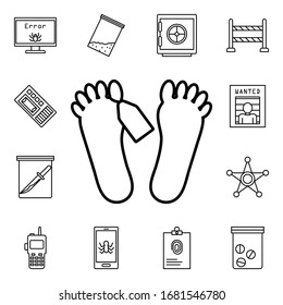Icono de pies de cadáver. Conjunto detallado de iconos de investigación criminal. Diseño gráfico de primera calidad. Uno de los iconos de colección para sitios web, diseño web, aplicación móvil