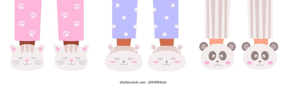 Feet in cute pandas, cats and  sheeps slippers for hen-party or children's pajama party. Vector illustration in flat style.