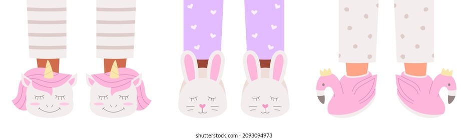 Feet in cute unicorns, hares and flamingos slippers for hen-party or children's pajama party. Vector illustration in flat style.