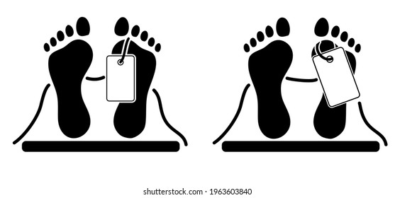 Feet with death tag. Human footprint. Dead label. Body or baby in morgue. Vector corpse footstep. Foot print with labels. Legs are marked in mortuary or dead room. Barefoot autopsie concept. dead icon