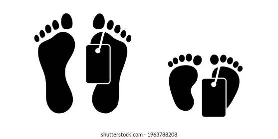 Feet with death tag. Human footprint. Dead label. Body or baby in morgue. Vector corpse footstep. Foot print with labels. Legs are marked in mortuary or dead room. Barefoot autopsie concept. dead icon