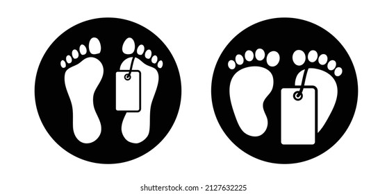 Feet with death tag. Human footprint. Dead label. Body or baby in morgue. Vector corpse footstep. Foot print with labels. Legs are marked in mortuary or dead room. Barefoot autopsie concept. dead icon