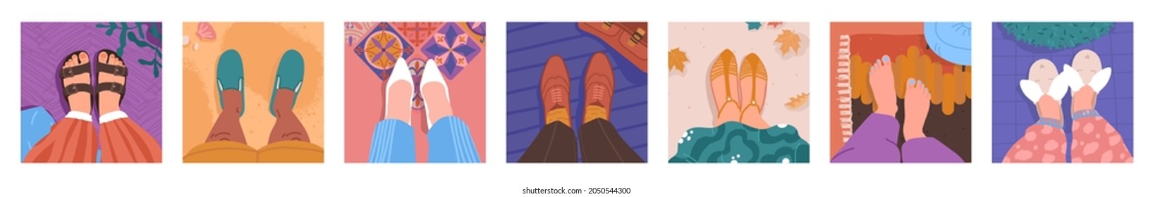 Feet in different places like home, beach, street, coworking, cafe, bathroom. Top view. Travel blogger legs selfie in shoes, sandals, flip flops, sneakers, strap, slippers. Real estate vector concept.