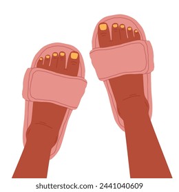 Feet in domestic slippers. Female feet with pedicure wearing home footwear, women feet in fluffy, cozy faux fur shoes flat vector illustration. Cute house shoes on feet