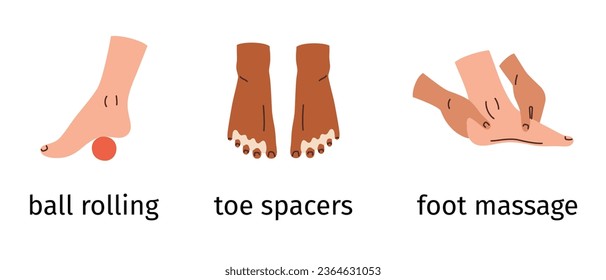 Feet exercises composition, infographic for feet health, ball rolling, toe spreaders, massage hand drawn illustration, vector arrangement with barefoot, medical brochure - Shutterstock ID 2364631053