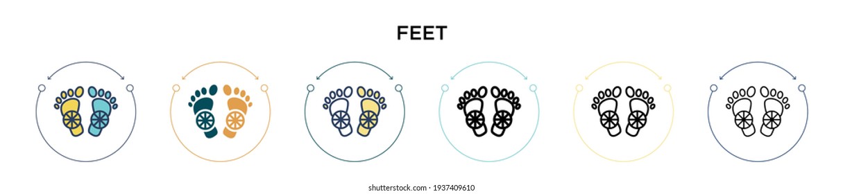 Feet icon in filled, thin line, outline and stroke style. Vector illustration of two colored and black feet vector icons designs can be used for mobile, ui, web