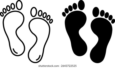 Feet Icons. Black and White Vector Illustration. Human Footprints, Toes, Foot, Leg. Human Body Part. Concept Anatomy

