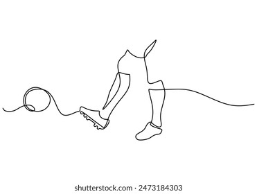 los pies patean la bola dibujando una línea continua. Concepto de fitness y deporte. Ilustración vectorial diseño minimalista dibujado a mano.