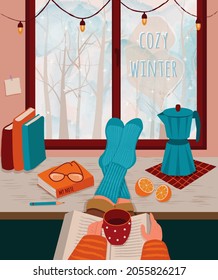 Feet in knitted socks are lying on the table. Hands with a mug of coffee and book. Outside the window is an winter landscape. Coffee maker on the table. Cozy winter. Vector illustration in flat style