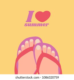 feet legs flip flops Vector. enjoy, have fun & free isolated flat design. sweet & cute summertime beach concept & creative. body sits or lies. holiday background. i love summer. Hot and wet vacation