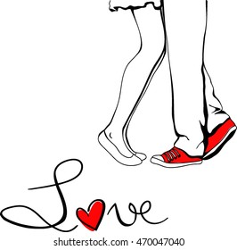 Feet lovers. Sketch Girl in ballet flats and a guy in sneakers. Vector Illustration