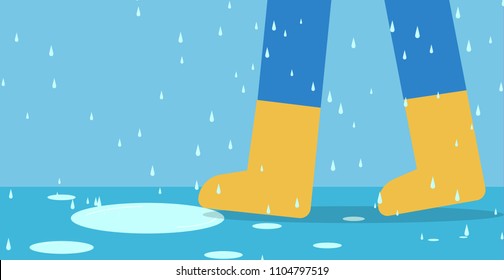 Feet of man in rain boots walk on road with rain, vector art