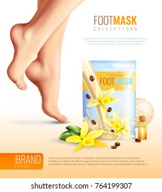 Feet mask with essential flower oil, coffee ad poster with female legs on light background vector illustration   