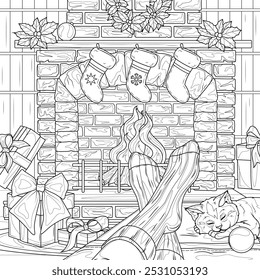 Pés perto da lareira de Natal. Antisstress livro de colorir para crianças e adultos. Ilustração isolada em fundo branco.Mão desenhada