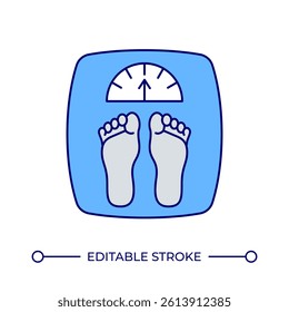 Feet on bathroom scales line color icon. Device for body weight control. Healthy lifestyle. Measuring instrument. Isolated vector illustration. Flat colorful symbol design. Editable stroke