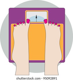 Feet on Scale An image of a lady's manicured feet, while standing on a very colorful weigh scale.