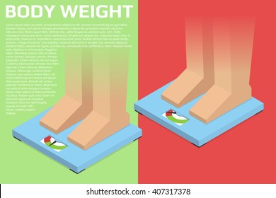 Feet on scale. Normal and Excess weight. Template and isolated illustrations with opacity masks.  Isometric vector illustration