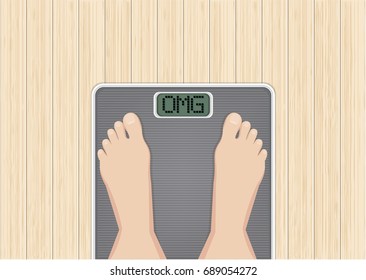 Feet on scales, Wooden desk background, woman feet on overweight scales, weight loss, diet, healthy lifestyle. Vector illustration on Top view.