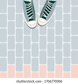 Feet on the tiles. Trainers on tile floor top down. Feet in sport shoes standing on the ground. Trendy social media style flat lay illustration. Colourful sneakers and flourish flooring.