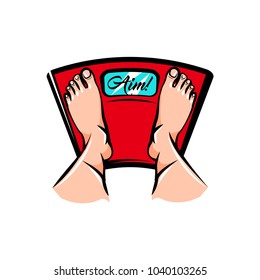 Feet on weighing scales. Aim Lettering. Vector illustration isolated on white background.