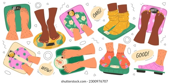 Feet on weighing scales flat illustrations set. Legs in socks. Balance on device. Healthcare. Medical device for weight measurement. Color design elements