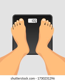 Feet on weighing scales top view. Floor scales for weighing body weight. Control of the weight, diet. Body weight loss or gain. Weight gain after quarantine