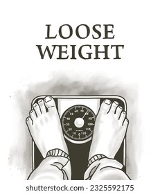 Feet on weighing scales, top view. Floor scales for weighing body weight. Hand drawn vector illustration