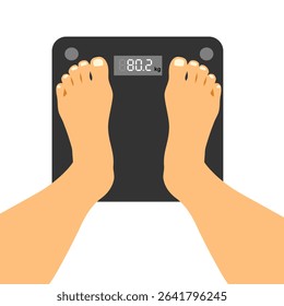 Feet on weighing scales top view. Floor scales for weighing body weight. Control of the weight, diet. Body weight loss or gain. Weight gain after quarantine