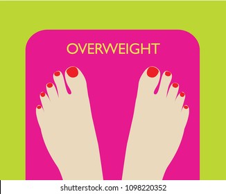 Feet on weight scale with overweight word. Lose weight concept. Vector illustration
