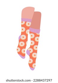 Feet in orange socks. Stylish underwear accessories with flowers print, footwear. Trendy and fashion style. Poster or banner for website. Cartoon flat vector illustration
