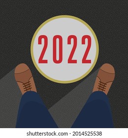 Feet in pants and shoes near the circle with the number 2022. Merry Christmas and Happy New Year. Vector illustration.