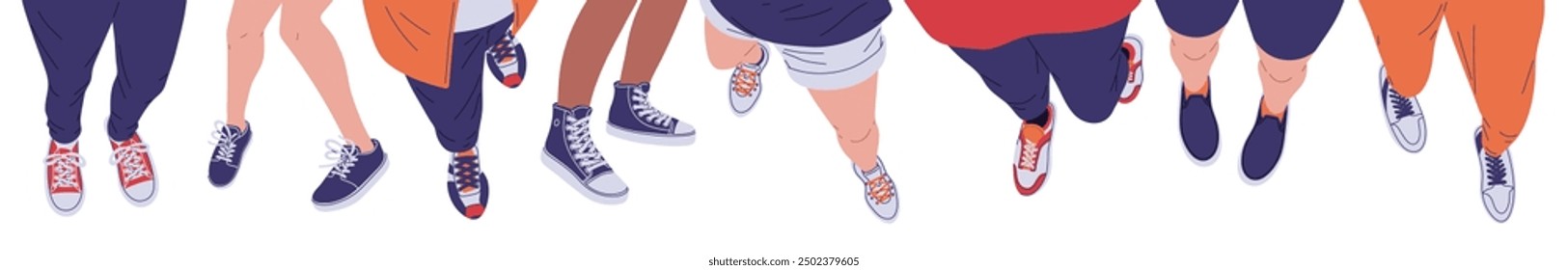 Feet of person in casual clothes and sneakers view from above vector flat illustrations set. Cartoon selfie of teenager walking. Urban fashion. Legs step in modern footwear isolated