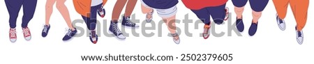 Feet of person in casual clothes and sneakers view from above vector flat illustrations set. Cartoon selfie of teenager walking. Urban fashion. Legs step in modern footwear isolated