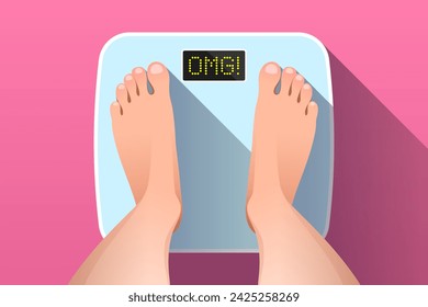 Feet of person on bathroom scales with OMG! inscription on display, top view. Concept of overweight and obesity, weight measurement and control, time to diet and weight loss