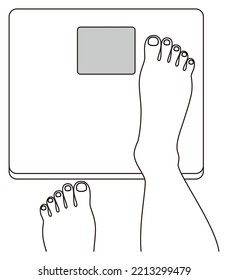 The feet of a person weighing himself on a scale. Beautiful barefoot male feet and health meter. Illustration. Vector.