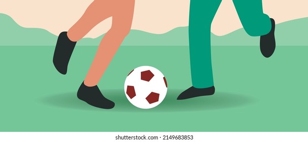 Pies de jugadores y pelota. Ilustración de material vectorial plano. Campo de fútbol con césped. El fútbol de los huelguistas y los defensores