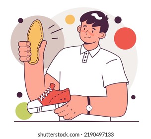 Feet problem correction. Character puting anatomical footwear insoles in thei shooes. Orthopedic treatment. Flat vector illustration