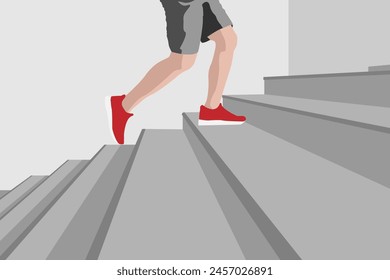 Feet in red running shoes. Athlete running up the stairs for cardio training.