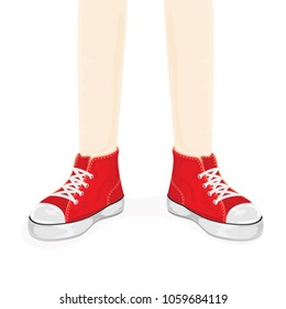 Feet in red sneakers or shoes isolated on white background, illustration.
