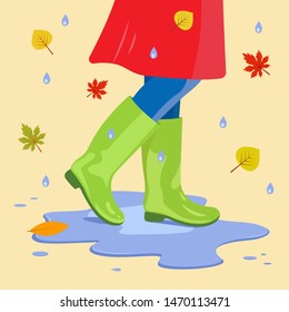 Feet in rubber boots walking in a puddle in the autumn, green rubber boots, vector flat illustration of the girl in red coat and green rubber boots walking in a puddle in the autumn