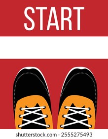 Feet of a Runner at the Start Flat Style. Running a marathon or starting a new project concept vector art