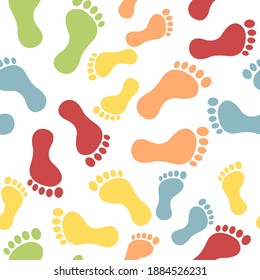 Feet seamless pattern white background. Colored people footprint vector illustration.