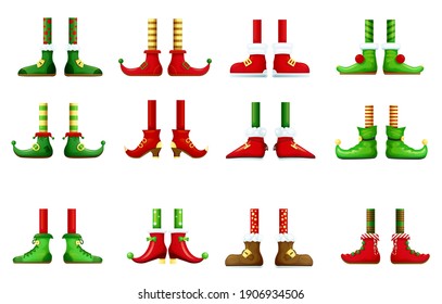 Feet and shoes of leprechaun and Christmas elf vector set. Cartoon Santa Claus, Xmas gnome, fairy and dwarf legs with red and green boots, colorful socks and striped stockings, fairy characters design