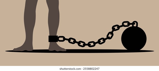 Feet of Slave in Ball and Chain Flat Style. Slavery, rat race and living in captivity concept vector art