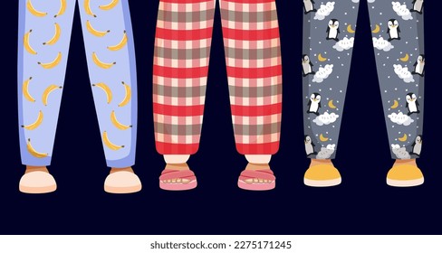 Feet in slippers and pajamas. Abstraction. Vector stock illustration. isolated. Flat style. Characters. Party. Invitation. House. Fun