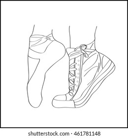 Feet in sneakers and ballet flats sketch on white background.Vector illustration